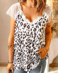 Printed Spliced Lace Scalloped V-Neck Blouse - Online Only