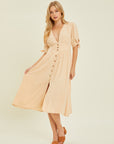 HEYSON Full Size Textured Linen V-Neck Button-Down Midi Dress