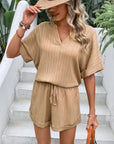 Textured Notched Neck Top and Shorts Set - Online Only