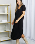 HYFVE V-Neck Short Sleeve Curved Hem Dress in Black - Online Only