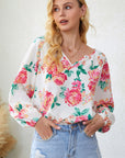 Floral Notched Neck Long Sleeve Blouse - Online Only
