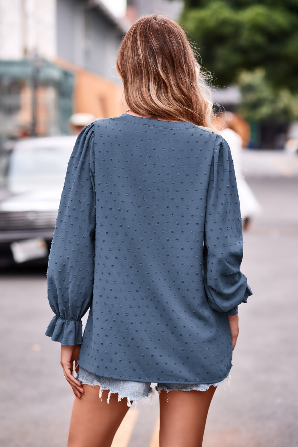 Swiss Dot Notched Neck Flounce Sleeve Blouse - Online Only