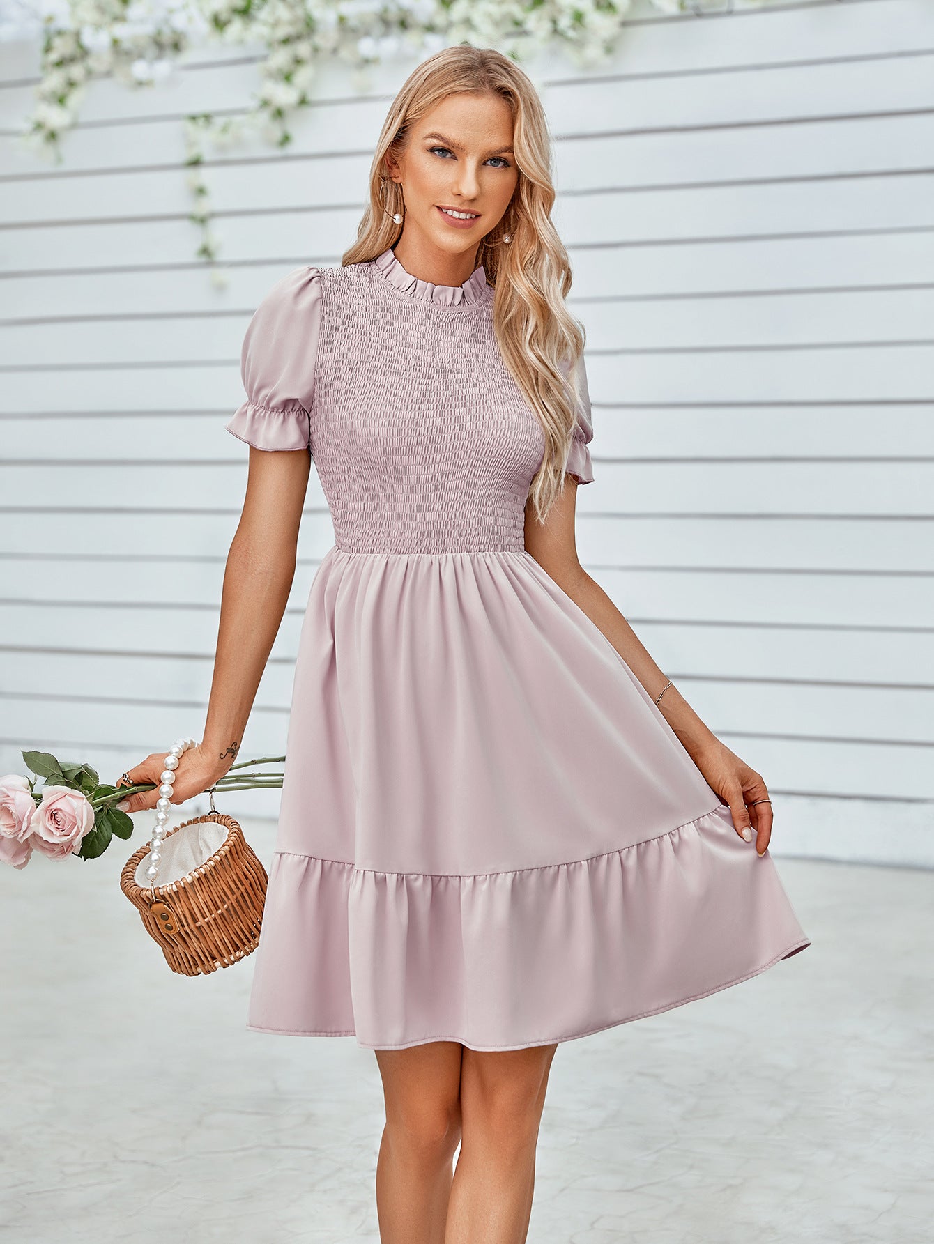 Smocked Short Flounce Sleeve Dress - Online Only