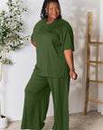 Double Take Full Size Round Neck Slit Top and Pants Set