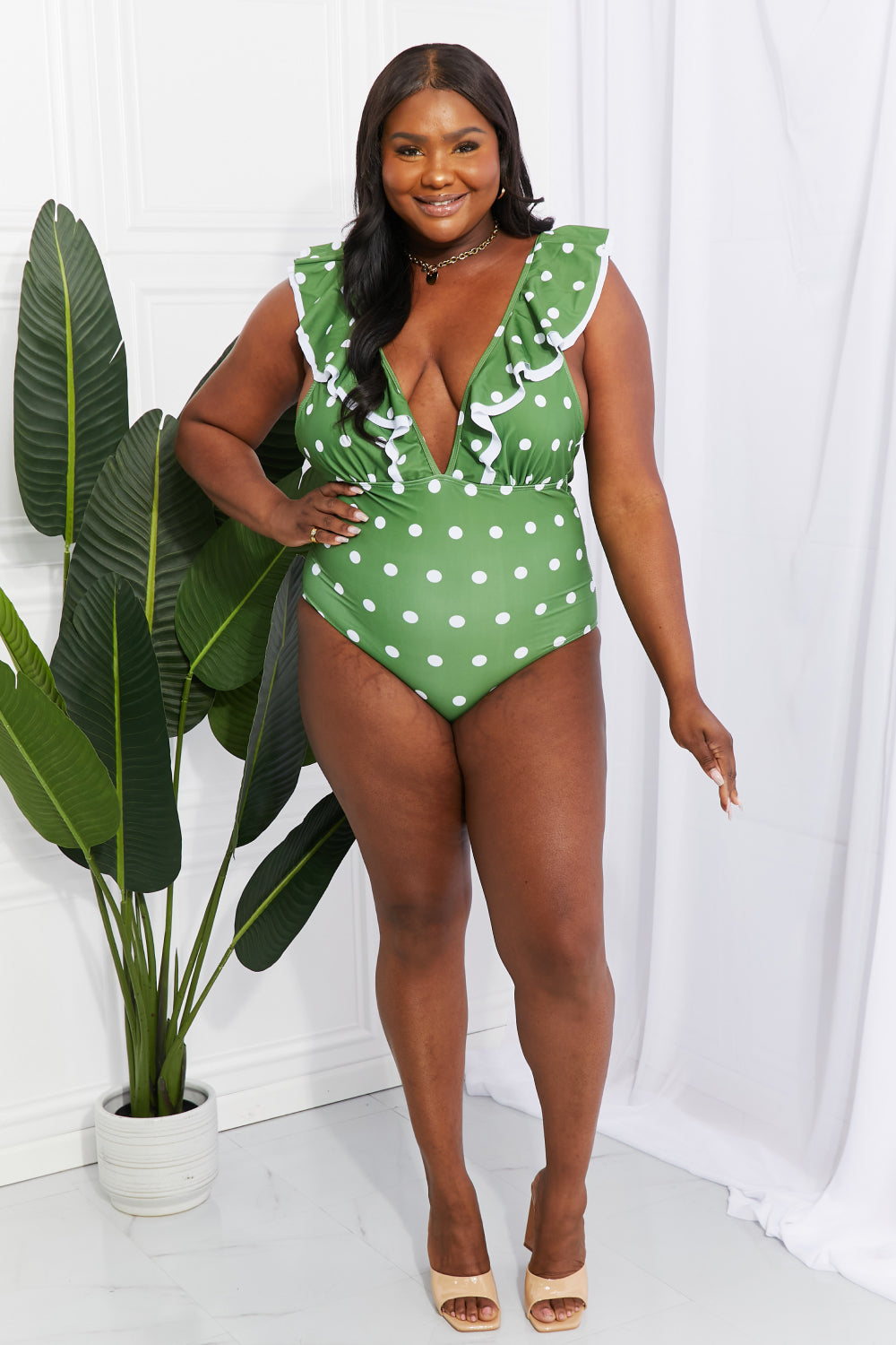 Marina West Swim Moonlit Dip Ruffle Plunge Swimsuit in Mid Green - Online Only