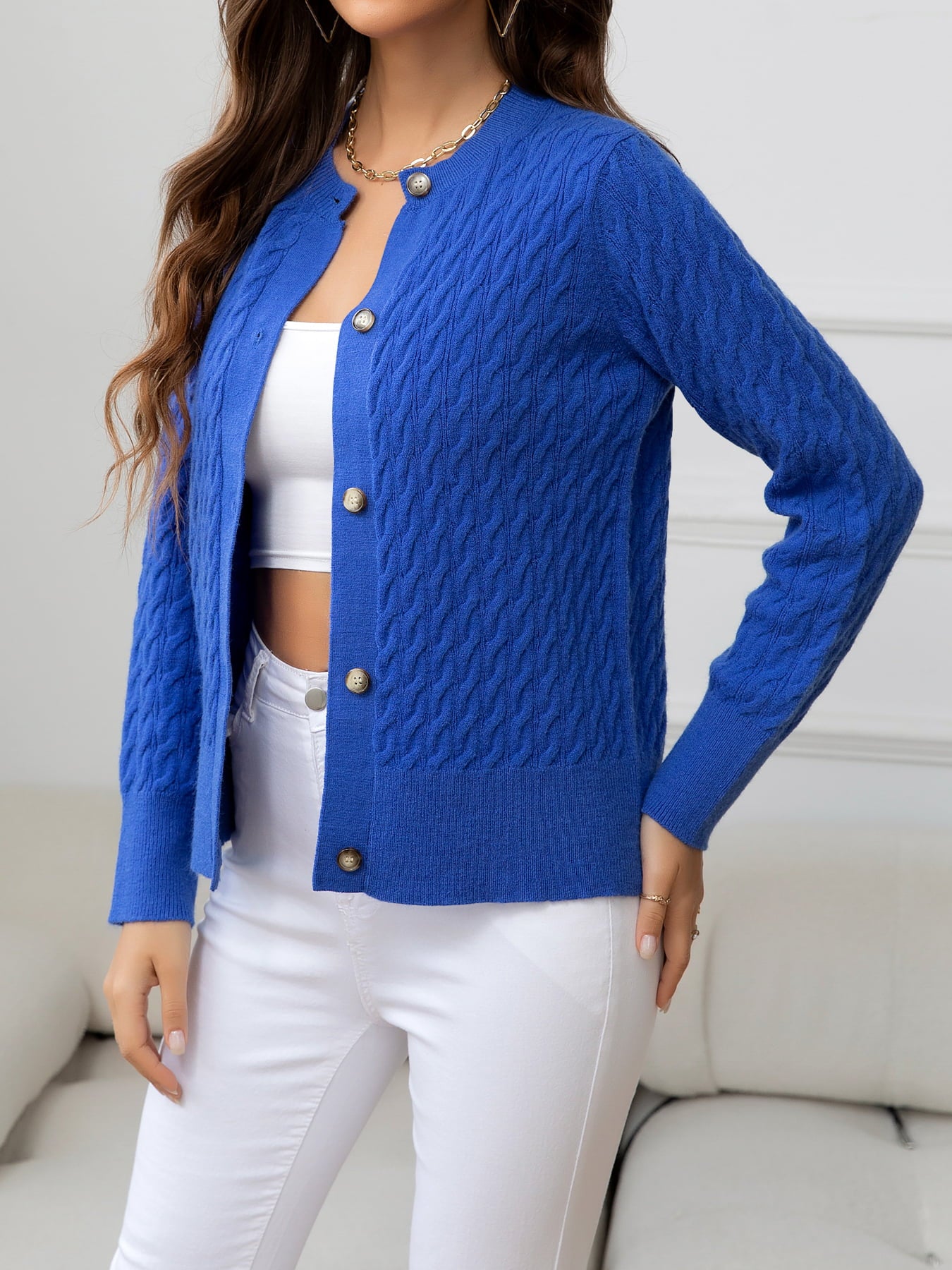 Round Neck Cable-Knit Buttoned Knit Top - Online Only