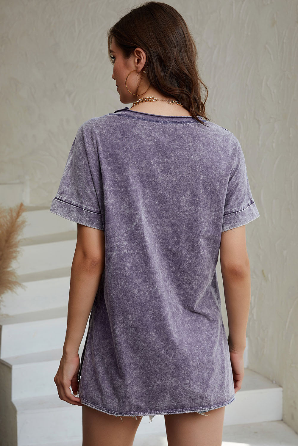Mineral Wash Round Neck Short Sleeve Blouse - Online Only