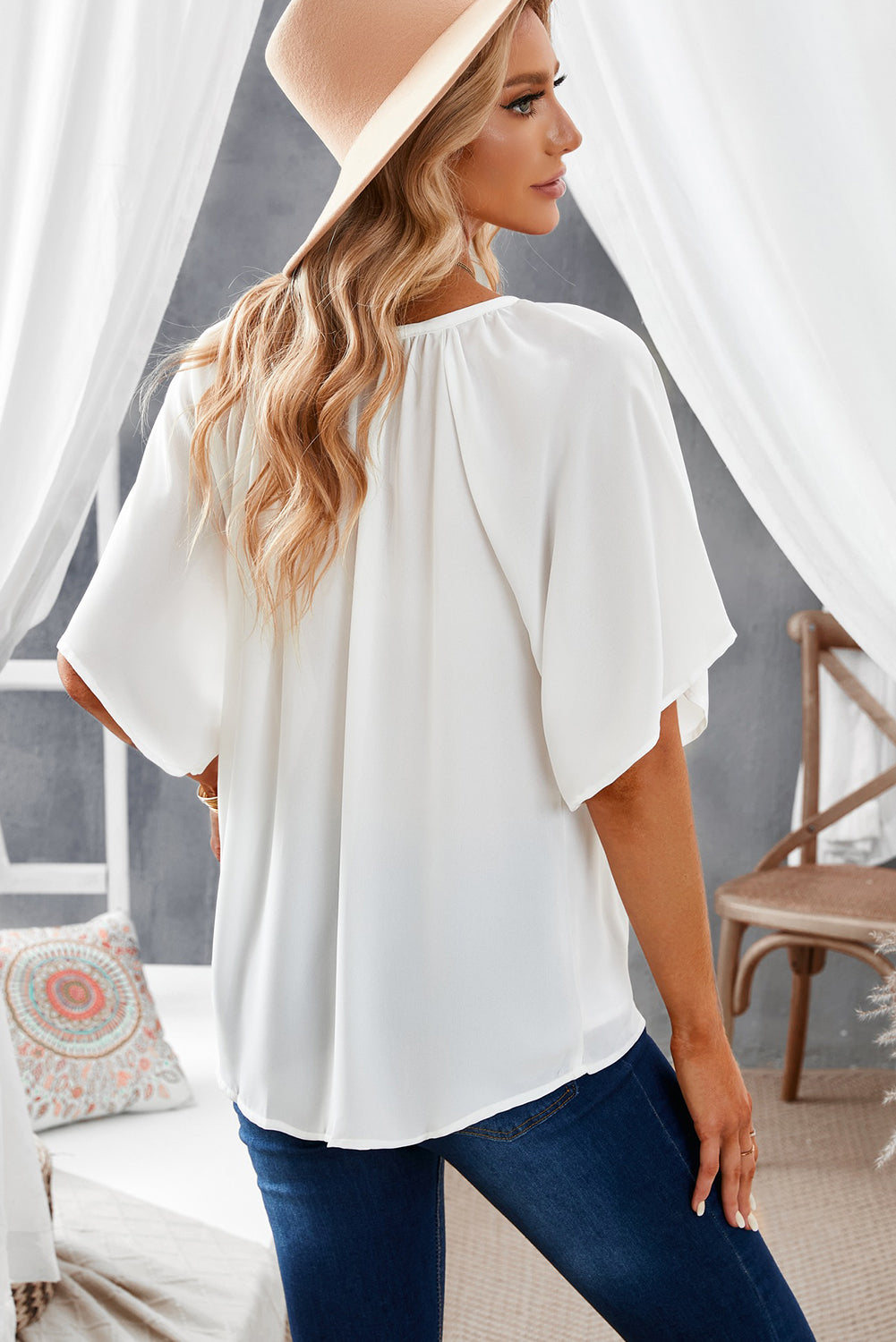 Gathered Detail Notched Neck Flutter Sleeve Top - Online Only
