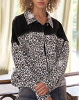 Leopard Print Dropped Shoulder Long Sleeve Denim Jacket
