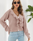 Ruffle Trim Button-Down Dropped Shoulder Sweater - Online Only