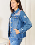 Baeful Leopard Floral Distressed Raw Hem Denim Jacket