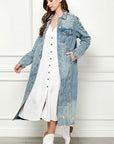 Veveret Full Size Distressed Raw Hem Pearl Detail Button Up Jacket