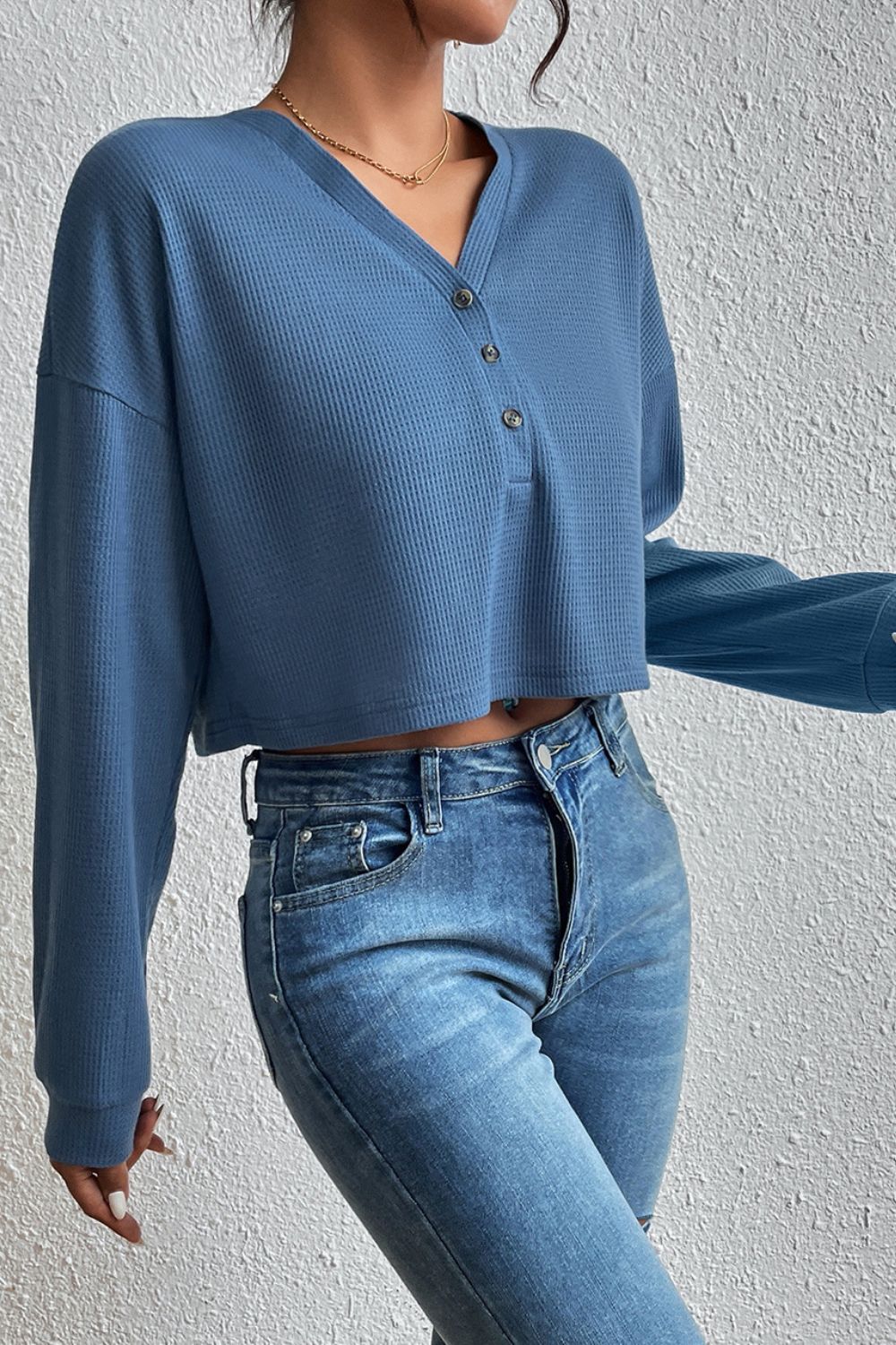 Cropped V-Neck Raglan Sleeve Buttoned Blouse - Online Only