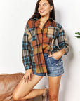 Double Take Plaid Curved Hem Shirt Jacket with Breast Pockets