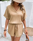 Textured Notched Neck Top and Shorts Set - Online Only