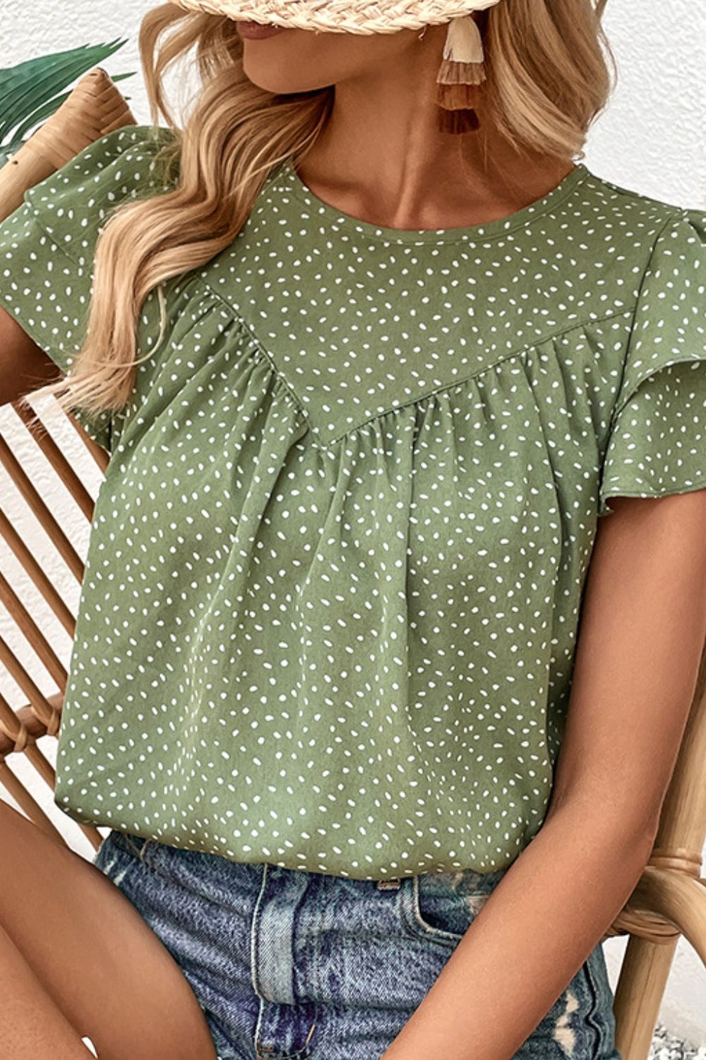 Printed Round Neck Puff Sleeve Blouse - Online Only