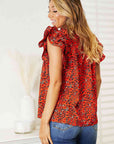 Double Take Floral Flutter Sleeve Notched Neck Blouse