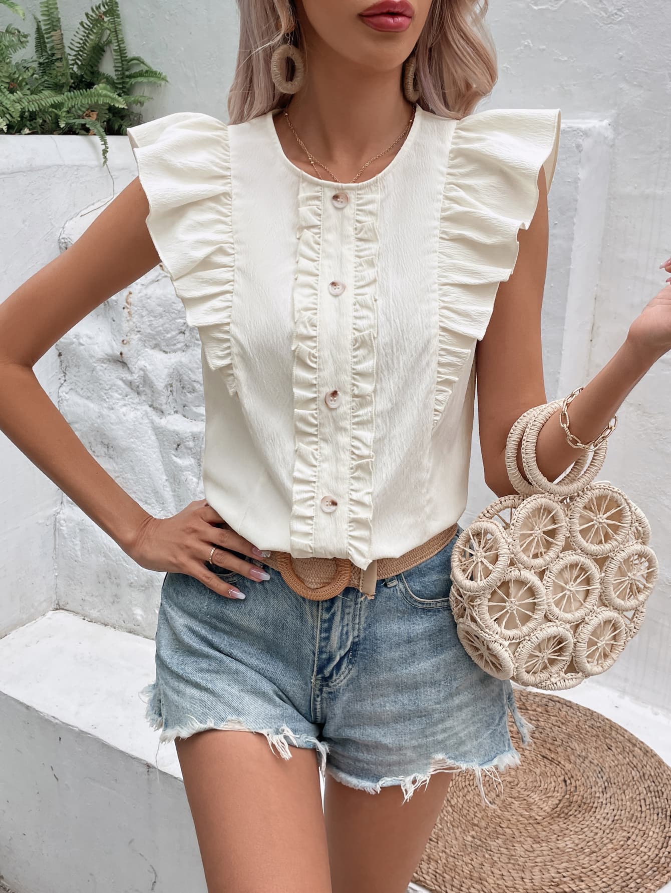 Decorative Button Frill Trim Round Neck Top - Online Only