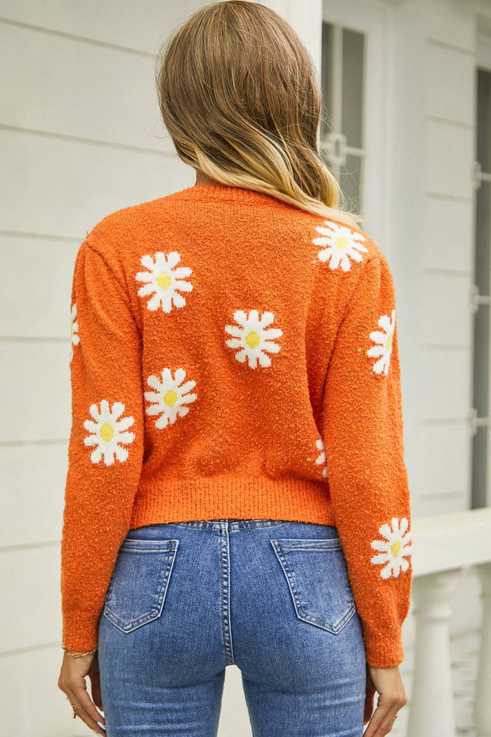 Flower Pattern Round Neck Short Sleeve Pullover Sweater - Online Only