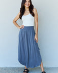 Doublju Comfort Princess High Waist Scoop Hem Maxi Skirt in Dusty Blue - Online Only