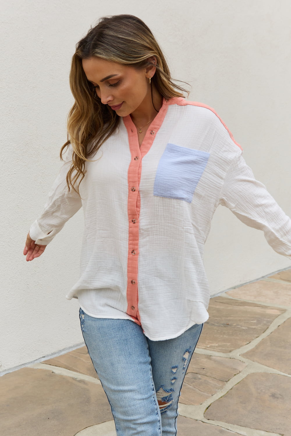 White Birch Color Block Woven Button Down Top - Online Only
