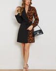 Leopard Color Block Belted Shawl Collar Dress - Online Only
