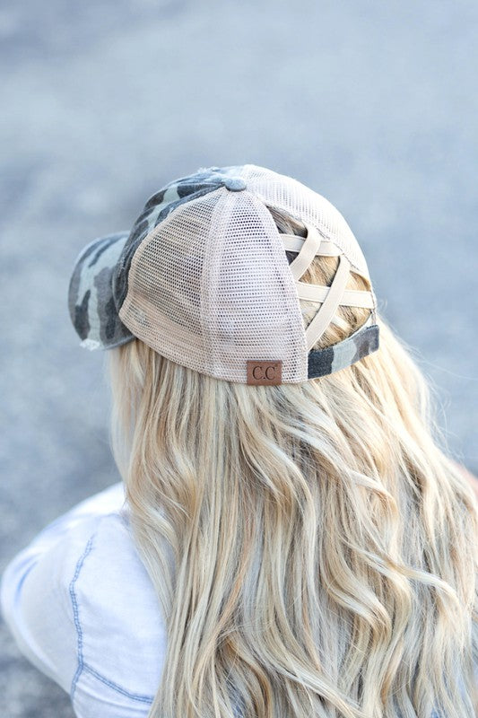 CC Camo Criss-Cross Ponytail Caps - Online Only