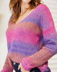 Double Take Multicolored Rib-Knit V-Neck Knit Pullover