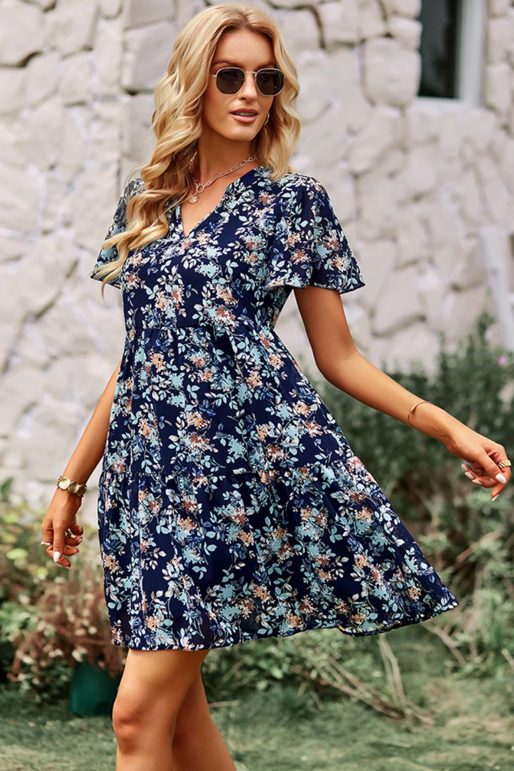 Floral Notched Flutter Sleeve Mini Dress - Online Only