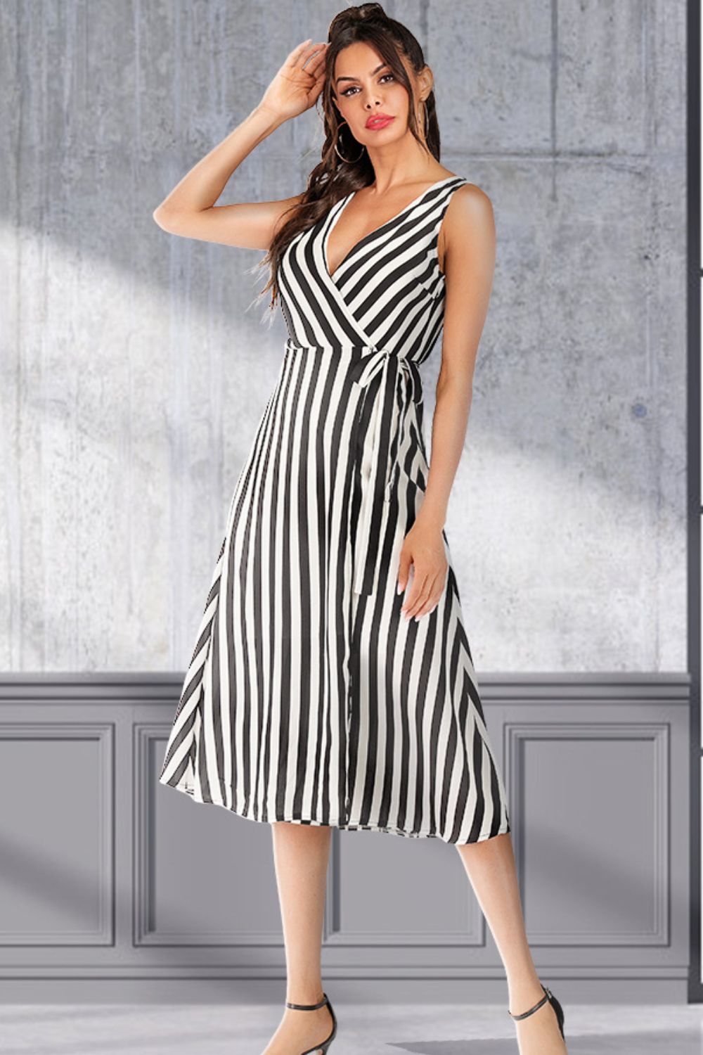 Striped Surplice Tied Sleeveless Dress - Online Only