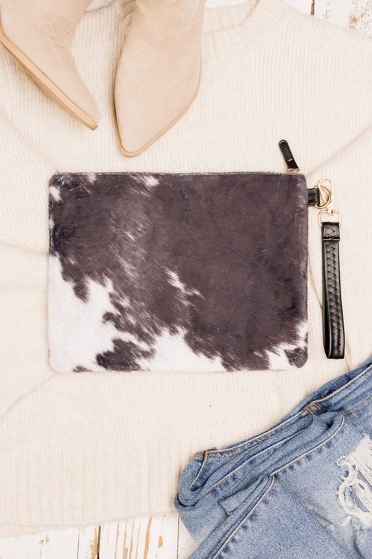 Faux Fur Cow Animal Print Clutch - Online Only