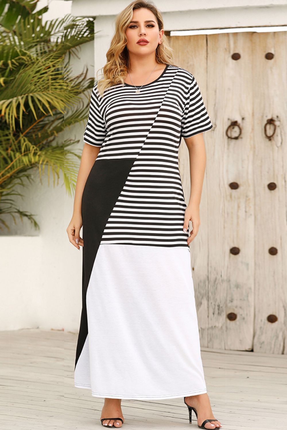Plus Size Striped Color Block Round Neck Dress - Online Only