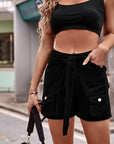 Tie Front Denim Shorts with Pocket - Online Only