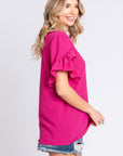 GeeGee V-Neck Ruffle Trim Short Sleeve Blouse