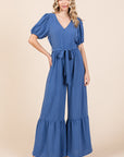 GeeGee Full Size V-Neck Belted Wide Leg Jumpsuit