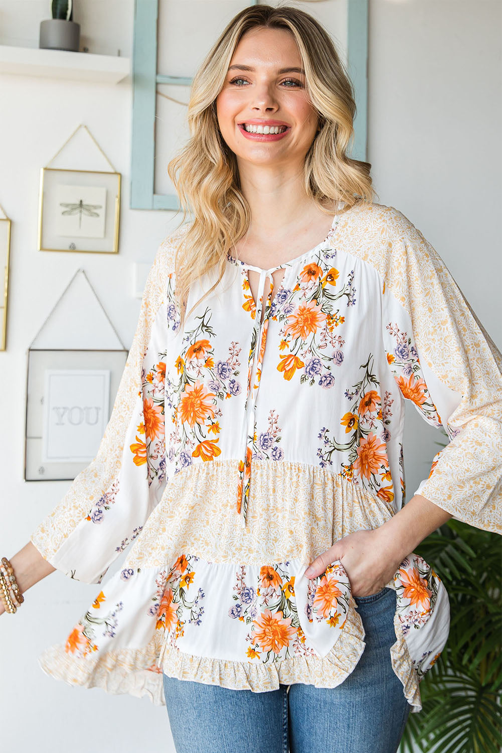 Floral Tie Neck Tiered Blouse - Online Only