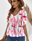 Printed V-Neck Babydoll Blouse - Online Only