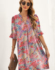 Floral Notched Neck Flounce Sleeve Shift Dress - Online Only