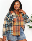 Double Take Plaid Curved Hem Shirt Jacket with Breast Pockets