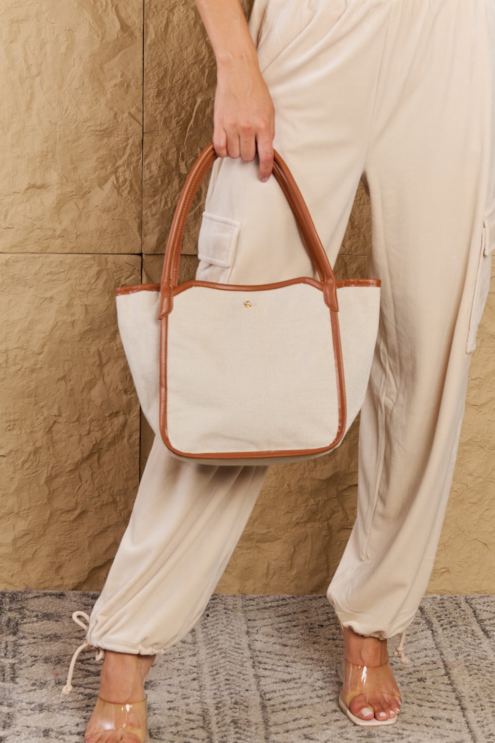 Fame Beach Chic Faux Leather Trim Tote Bag in Ochre - Online Only