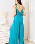 Double Take Full Size Soft Rayon Spaghetti Strap Tied Wide Leg Jumpsuit