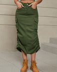 Drawstring Ruched Slit Denim Midi Skirt - Online Only