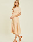 HEYSON Full Size Textured Linen V-Neck Button-Down Midi Dress