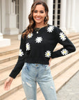 Flower Pattern Round Neck Short Sleeve Pullover Sweater - Online Only