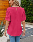Pleated Flutter Sleeve Round Neck Blouse - Online Only