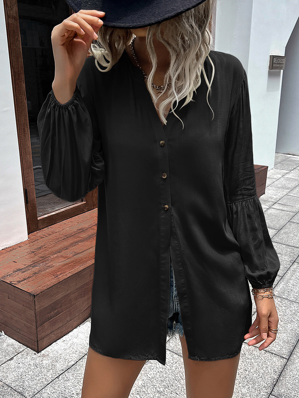 Notched Neck Balloon Sleeve Shirt - Online Only