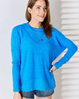 Zenana Ribbed Trim Round Neck Long Sleeve Top