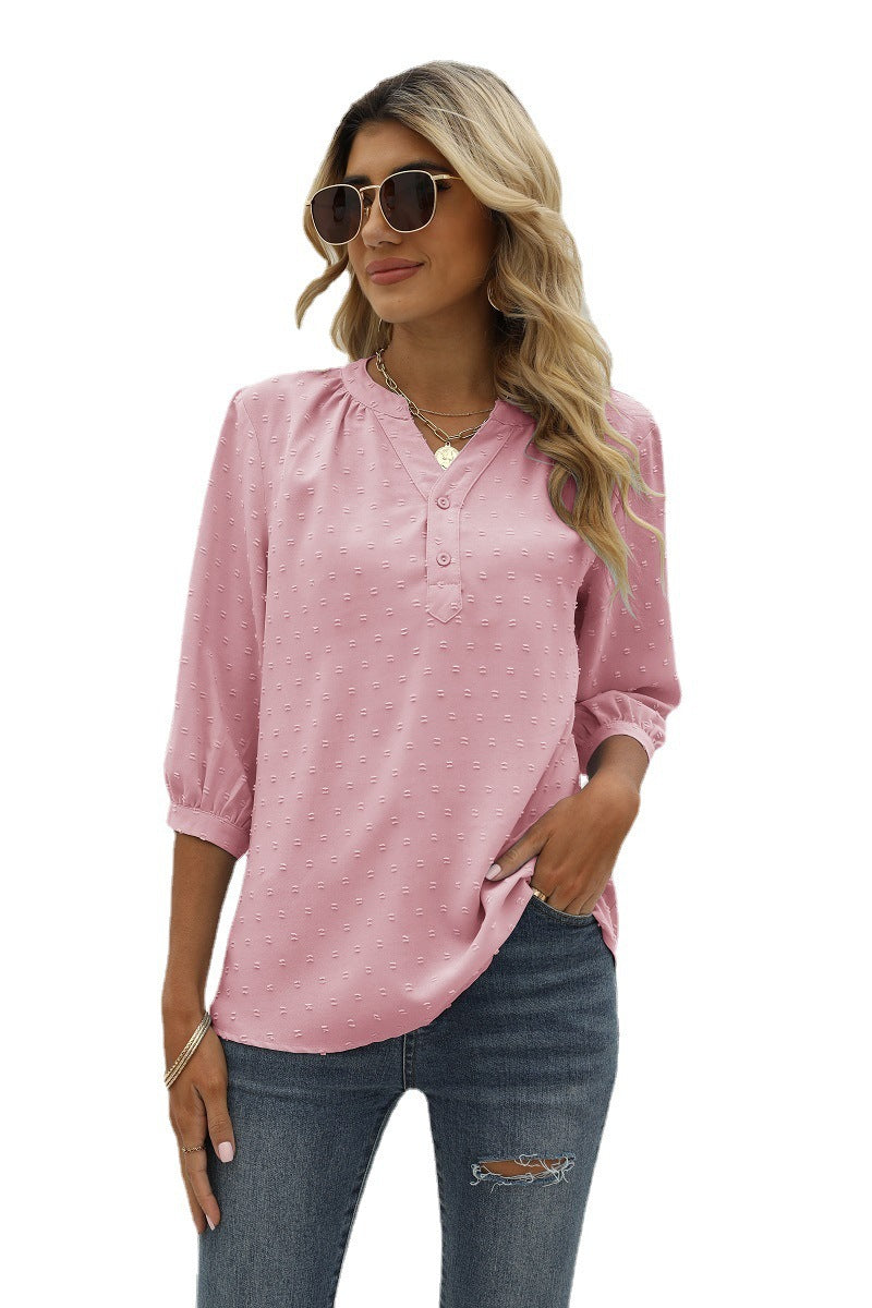 Swiss Dot Notched Neck Three-Quarter Sleeve Blouse - Online Only