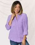 Zenana Texture Button Up Raw Hem Long Sleeve Shirt