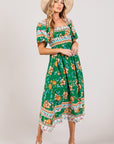 SAGE + FIG Printed Smocked Short Sleeve Midi Dress